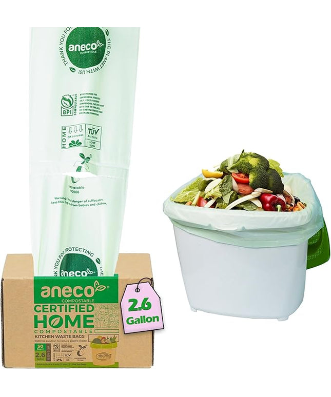 ANECO 100% Compostable Waste Bags 2.6 Gallon (Flat Top Bags, 50 Count) Extra Strong Kitchen Small Compost Bags for Countertop Bin (BPI & OK Compost HOME Certified)