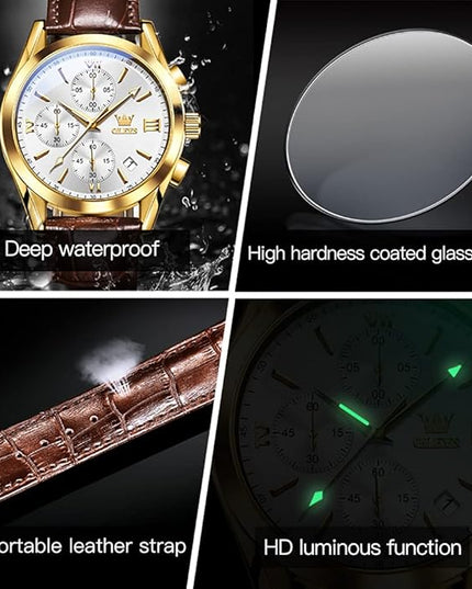 OLEVS Men's Chronograph Leather Watch, Big Face Easy to Read Analog Quartz Dress Watch, Casual Waterproof Luminous Hands Date Watches for Men, White/Blue/Black/Gold Dial