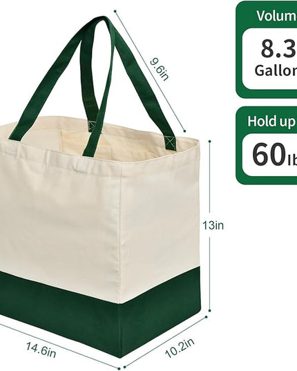 3 Pcs Reusable Grocery Bags - Heavy Duty Canvas Bag, 8.3 gal Foldable Large Canvas Tote Bag with Handles, Holds 60 lbs Tote Shopping Bags,100% Cotton（Retro Green）