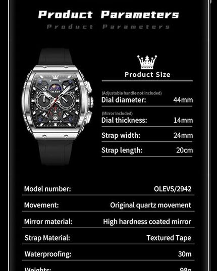 OLEVS Watches for Men Casual Luxury Large Face Multifunctional Chronograph Men's Watches Durable Silicone/Nylon Strap 3ATM Waterproof Men Watch Date Moon Phase Analog Quartz Watch Reloj para Hombre