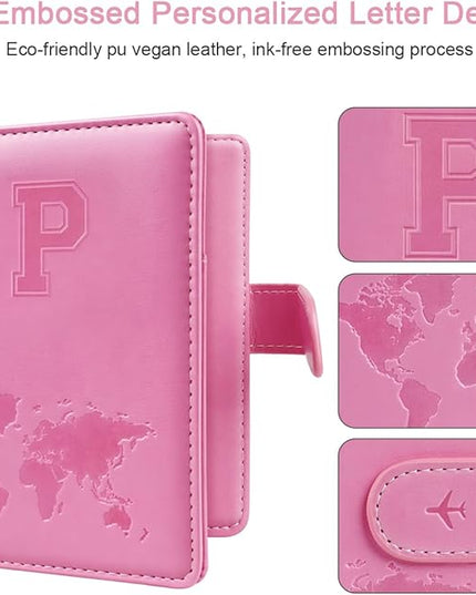 Personalized P Passport Holder Cover Initial Letter Travel Wallet RFID Blocking Passport Cover Credit Card Holder Case Passport Book Holders for Women and Men, Pink-p