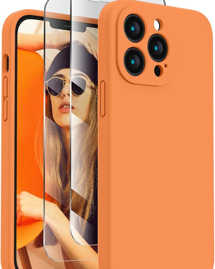 FireNova Designed for iPhone 13 Pro Case, Silicone Upgraded [Camera Protection] Phone Case with [2 Screen Protectors], Soft Anti-Scratch Microfiber Lining Inside, 6.1 inch, Kumquat
