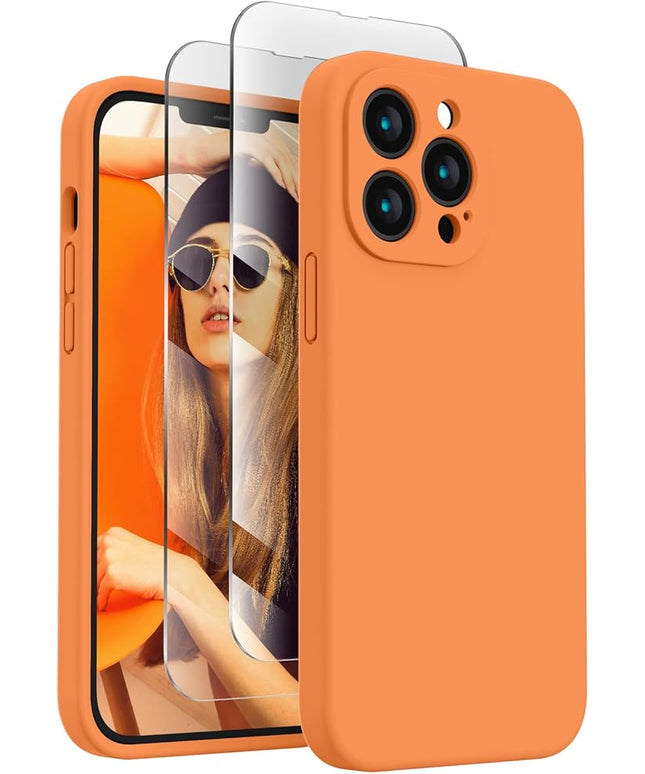 FireNova Designed for iPhone 13 Pro Case, Silicone Upgraded [Camera Protection] Phone Case with [2 Screen Protectors], Soft Anti-Scratch Microfiber Lining Inside, 6.1 inch, Kumquat
