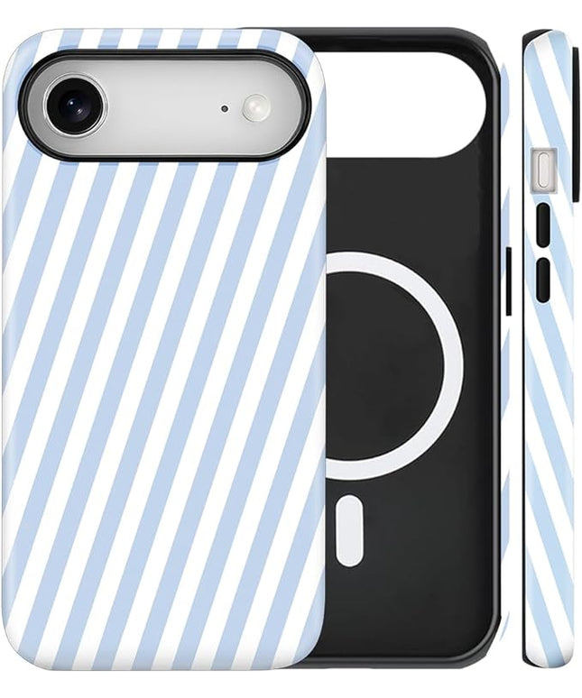 Magnetic for iPhone 17 Air Case Cute Diagonal Stripes Phone Case, Shockproof Slim TPU and Hard PC Protective Phone Cover Compatible with MagSafe Designed for Women Girls,Blue