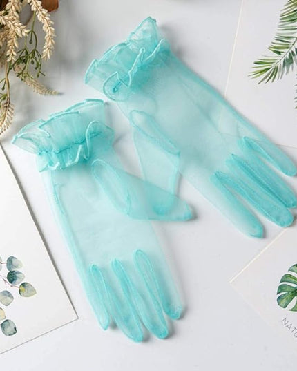 Women's Summer Tulle Gloves Pleated Ruffle Full Finger Wrist Length Opera Party Gloves
