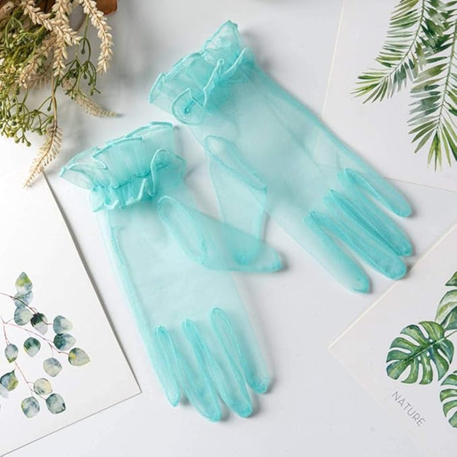 Women's Summer Tulle Gloves Pleated Ruffle Full Finger Wrist Length Opera Party Gloves