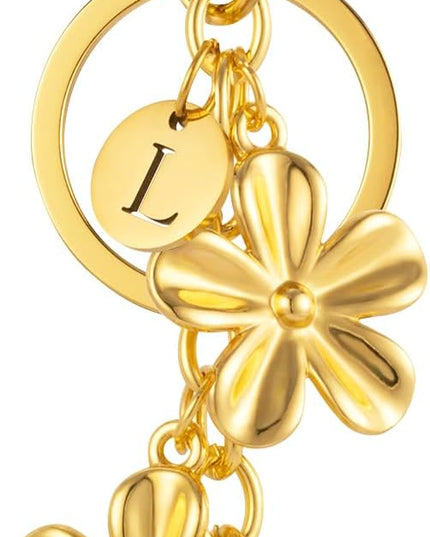 XGALBLA Gold/Silver Initial Keychain Flower Charms for Key Cute Letter Keyring for Purse Handbag Backpack