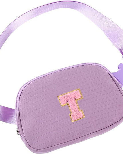 Glratn Initial Letter Patch Belt Bag Fanny Pack Crossbody Bag for Girls, Birthday Gifts for 4 5 6 7 8 9 10 11 12 13 Year Old Girls,Easter Purse Gifts for Teens Kids (Purple-T)