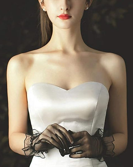 Women's Summer Tulle Gloves Pleated Ruffle Full Finger Wrist Length Opera Party Gloves