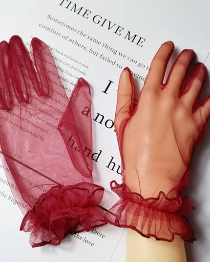 Women's Summer Tulle Gloves Pleated Ruffle Full Finger Wrist Length Opera Party Gloves