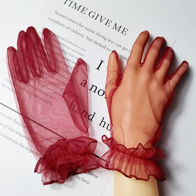 Women's Summer Tulle Gloves Pleated Ruffle Full Finger Wrist Length Opera Party Gloves