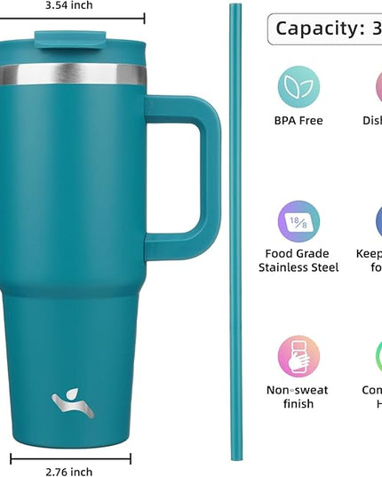 30 oz Tumbler with Handle and 2 Straws,2 in 1 Lid Insulated Water Bottle Stainless Steel Travel Coffee Mug,Blue