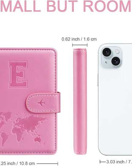 Passport Holder Cover Initail Letter A-Z Travel Wallet Embossed Design RFID Blocking Card Holder Personalized Gift Passport Cover Wallet, Passport Book Holders for Women and Girls, Pink-E