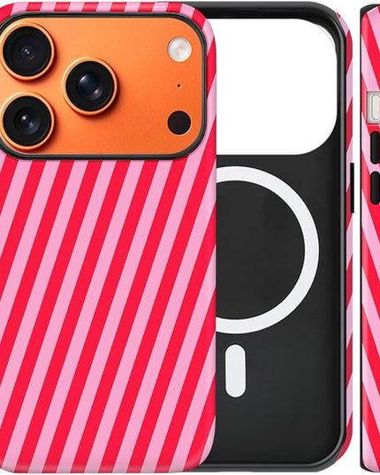 Magnetic for iPhone 17 Pro Case Cute Diagonal Stripes Phone Case, Shockproof Slim TPU and Hard PC Protective Phone Cover Compatible with MagSafe Designed for Women Girls,Red