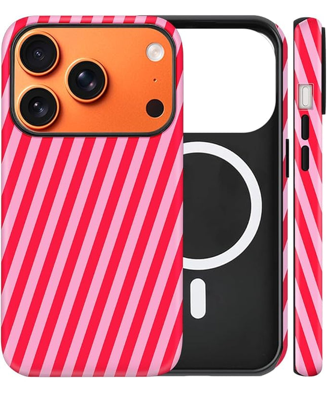 Magnetic for iPhone 17 Pro Case Cute Diagonal Stripes Phone Case, Shockproof Slim TPU and Hard PC Protective Phone Cover Compatible with MagSafe Designed for Women Girls,Red