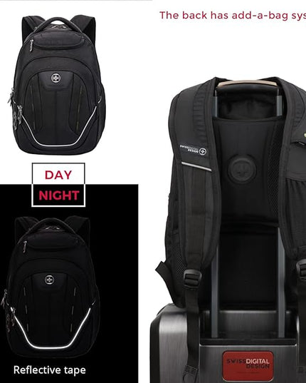 Swissdigital Design Large Travel Backpack For Men, TSA-Friendly Business Laptop Backpack, USB Charging Port，RFID Protection Tech Backpack Fits 15.6Inch Laptop Black/Green | J16BTF-21