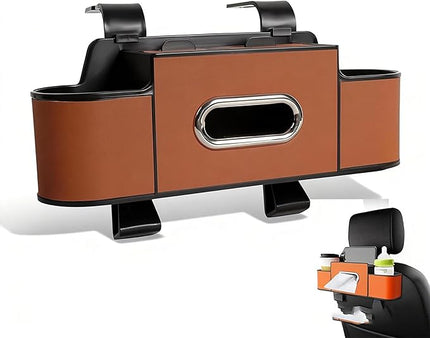 car organizer, 3-in-1 Backseat Car Organizer with Dual Cup Holders, Tissue Box & Phone Holder - Multifunctional Waterproof Storage for Daily Driving & Travel (Brown)