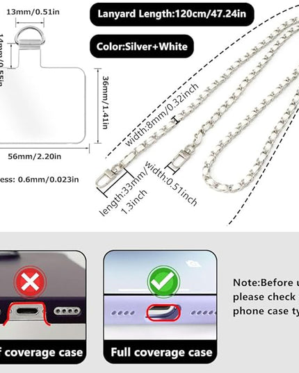 Phone Crossbody Chain Cell Phone Lanyard,Leather+Metal Shouder Strap Universal Cellphone Chain Strap with Tether Patches Compatible with Most Phones Bag Purse Silver+White