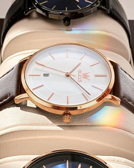 OLEVS Mens Watches Mens Leather Watch Ultra Thin Watches for Men Minimalist Watch with Leather Band Quartz Analog Dress Casual Simple Lightweight relojes para Hombres
