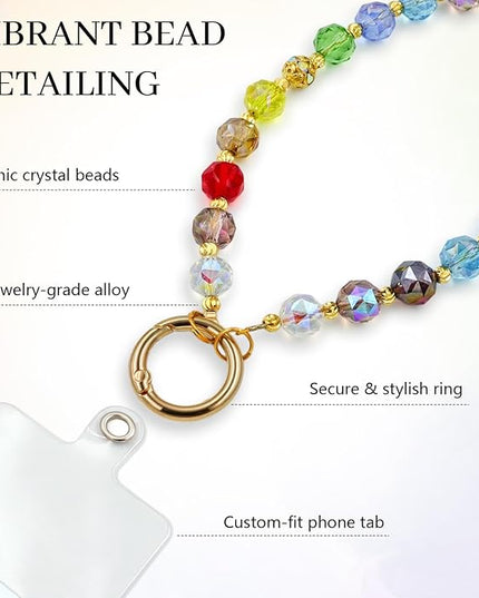 Phone Charm for Women, Anti-Theft Phone Wrist Strap Hands-Free, Crystal Beaded Chain, Detachable Cellphone Lanyard with Tether Tab
