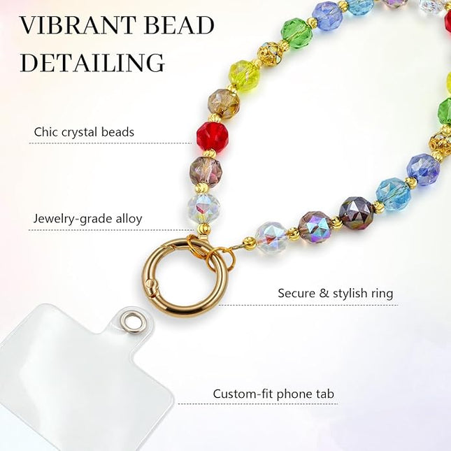 Phone Charm for Women, Anti-Theft Phone Wrist Strap Hands-Free, Crystal Beaded Chain, Detachable Cellphone Lanyard with Tether Tab