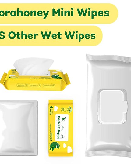 Unscented Travel Wet Wipes, 99% Purified Water Mini Wipes for Sensitive Skin, Hypoallergenic & Plastic-Free Pocket Wipes, 72 Count (12 Packs of 6)