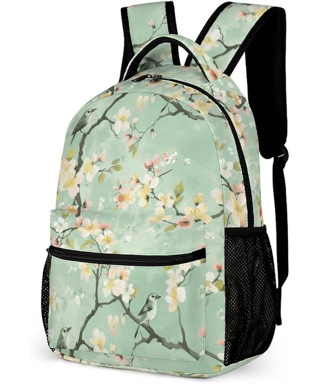 Fashion Green Bird Floral Backpack Lightweight Large Capacity Laptop Daybag for Travel Work