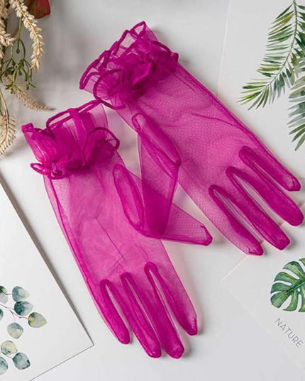 Women's Summer Tulle Gloves Pleated Ruffle Full Finger Wrist Length Opera Party Gloves