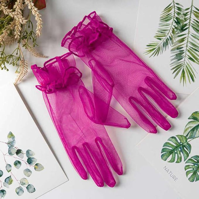Women's Summer Tulle Gloves Pleated Ruffle Full Finger Wrist Length Opera Party Gloves