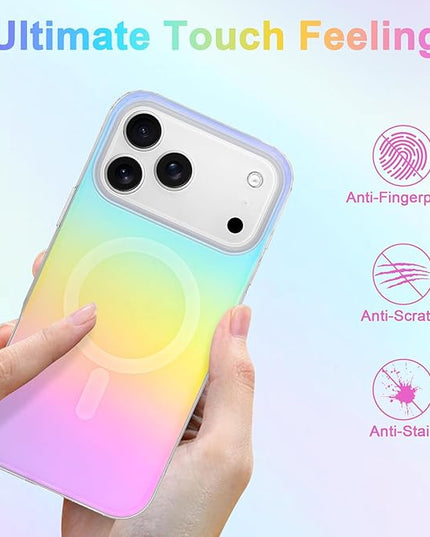 Cute Case for iPhone 17 Pro Max Case for Women Girls [Compatible with Magsafe] Aesthetic Girly Glitter Bling Rainbow Magnetic Protective Phone Cover, Translucent Iridescent Blue & Pink