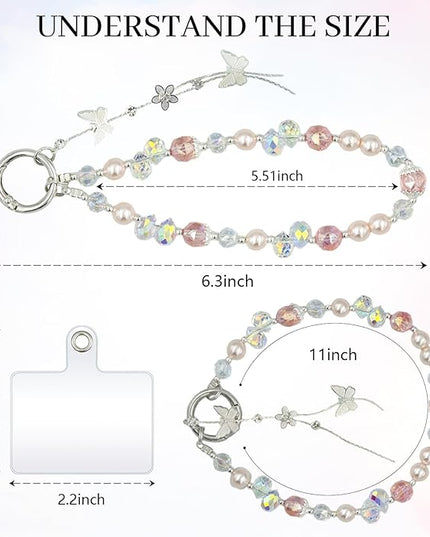 Phone Charm for Women, Anti-Theft Phone Wrist Strap Hands-Free, Crystal Beaded Chain, Detachable Cellphone Lanyard with Tether Tab