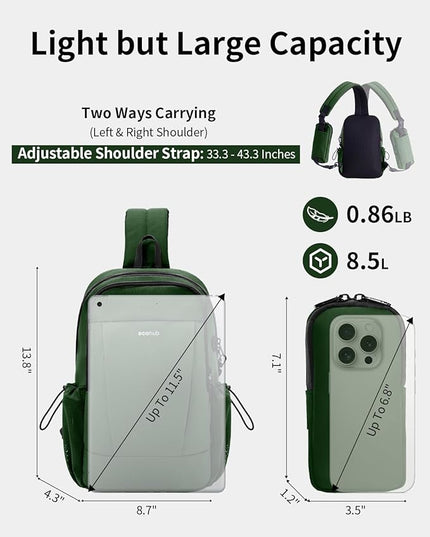 ECOHUB Anti-Theft Crossbody Bag Men Women, RFID Blocking Lightweight Sling Backpack Eco-Friendly with 9 Pockets Sturdy SBS Zippers Water Resistant for Travel Work Hiking Outdoor, Army Green