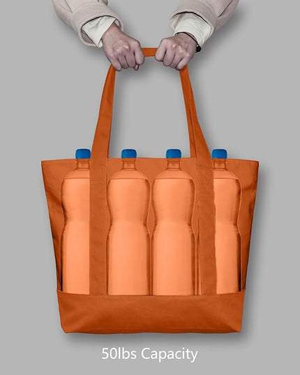 TOPDesign 3-Pack Canvas Tote Bags with an External Pocket, Reusable Grocery Shopping Bags, Top Zipper Closure, Daily Essentials (Orange)