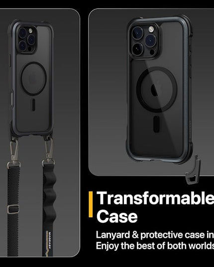 MAGEASY Designed for iPhone 16 Pro Max Case with Strap - 20ft Drop Protection Compatible with MagSafe, Transformable Protective & Lanyard Case, Vegan Leather Frame | Odyssey Strap M (Leather Black)