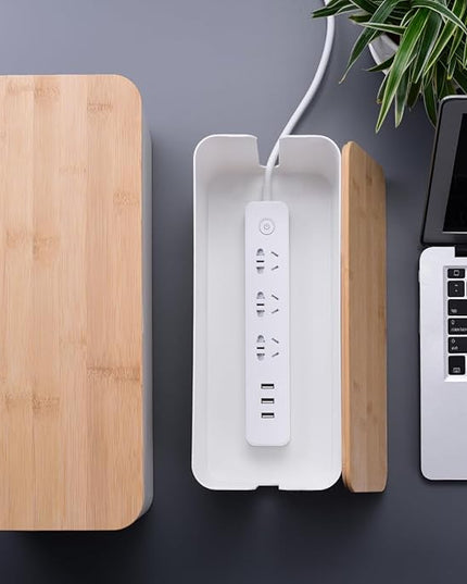 2 Pack Large Cable Management Box – Wooden Style Cord Organizer and Cover for TV Wires, Computer, Router, USB Hub and Under Desk Power Strip – Safe ABS Material and Baby-Pets Proof Lock (White)