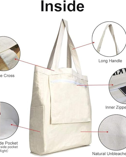 Canvas Tote Bag with 3 Inner Pocket Cotton Heavy Duty Gusseted Shopping Bag for Weekend Overnight School Book (Cute Dog)