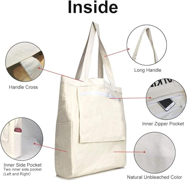 Canvas Tote Bag with 3 Inner Pocket Cotton Heavy Duty Gusseted Shopping Bag for Weekend Overnight School Book (Cute Dog)
