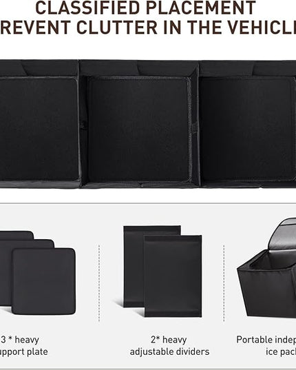 HIRALIY 4 in 1 Car Trunk Storage Organizer with Leakproof Cooler Bag, Multi-Compartment Foldable Trunk Storage Box for Car Truck SUV Black