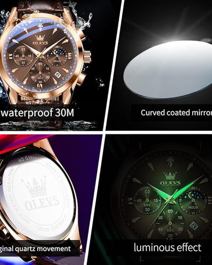 OLEVS Men's Watches Leather Strap Analog Quartz Watch, Fashion Big Dial Date Waterproof Watch, Dress Luxury Luminous Men Watches