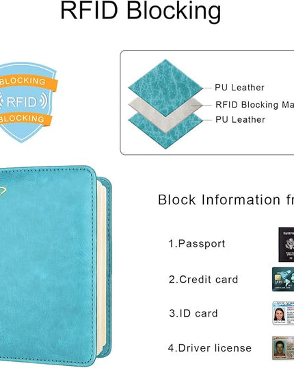 WALNEW Passport Holder for Travel, RFID Passport Cover Wallet for Women Men, PU Leather Passport Book Card Holder Case with Pen (Elastic Band Closure, C-Blue)