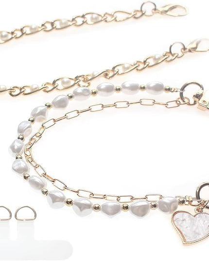 Pearl Beaded Phone Charm Wrist Strap,Cute Bracelet Wristlet Lanyard,Gold Double Chain for Phone Case,Purse Bag Wallet
