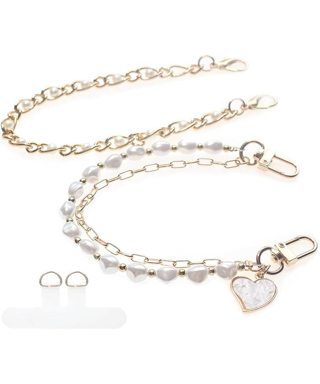 Pearl Beaded Phone Charm Wrist Strap,Cute Bracelet Wristlet Lanyard,Gold Double Chain for Phone Case,Purse Bag Wallet