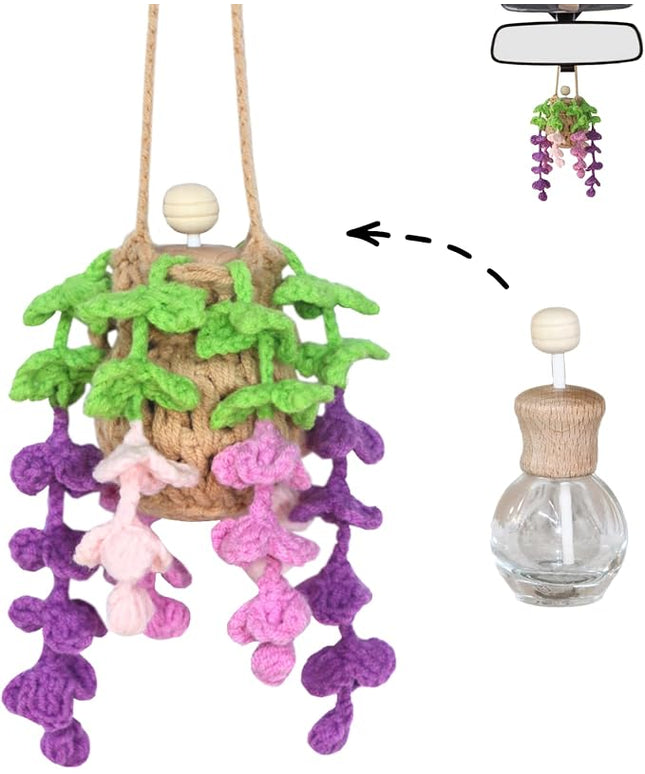 Handmade Crochet Hanging Car Air Freshener - Botanical Wisteria Blossom Design with 12ml Refillable Glass Essential Oil Bottle, Long-Lasting Car Diffuser & Nature-Inspired Decor