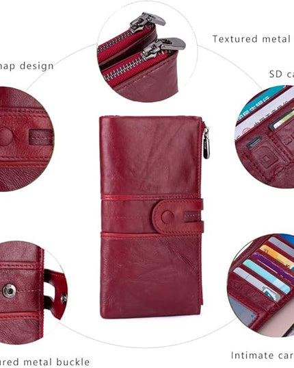 myfriday Women's RFID Blocking Genuine Leather Wallet, Bifold Long Clutch Wallet Money Clips Ladies Card Holder Purse