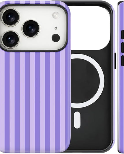 Magnetic for iPhone 17 Pro Case Cute Stripes Phone Case, Shockproof Slim TPU and Hard PC Protective Phone Cover Compatible with MagSafe Designed for Women Girls, Light Purple