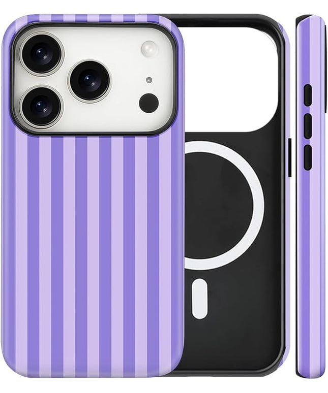 Magnetic for iPhone 17 Pro Max Case Cute Stripes Phone Case, Shockproof Slim TPU and Hard PC Protective Phone Cover Compatible with MagSafe Designed for Women Girls, Light Purple