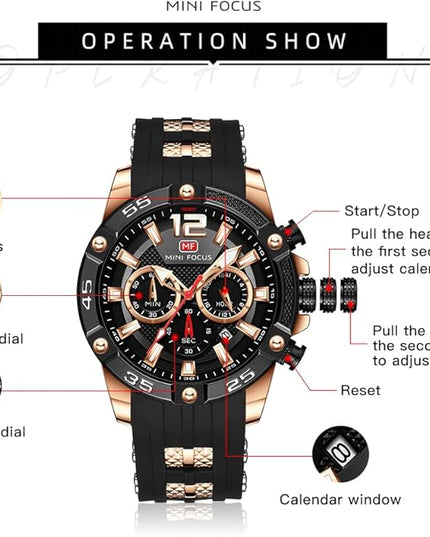 MF MINI FOCUS Men Watches Unique Casual Wrist Watches (Chronograph/Waterproof/Luminous/Calendar/24 Hours) Silicon Band Fashion Watches for Men
