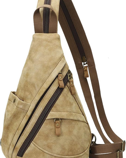 KL928 PU Leather Sling Bag - Small Crossbody Backpack Shoulder Casual Daypack Rucksack for Men Women(Light Coffee)