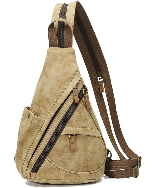 KL928 PU Leather Sling Bag - Small Crossbody Backpack Shoulder Casual Daypack Rucksack for Men Women(Light Coffee)