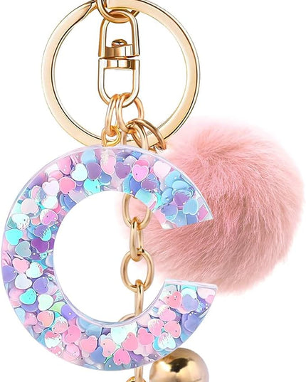Resin Alphabet Initial Letter Keychain Keyring for Women Purse Handbags With Fur Ball Pom